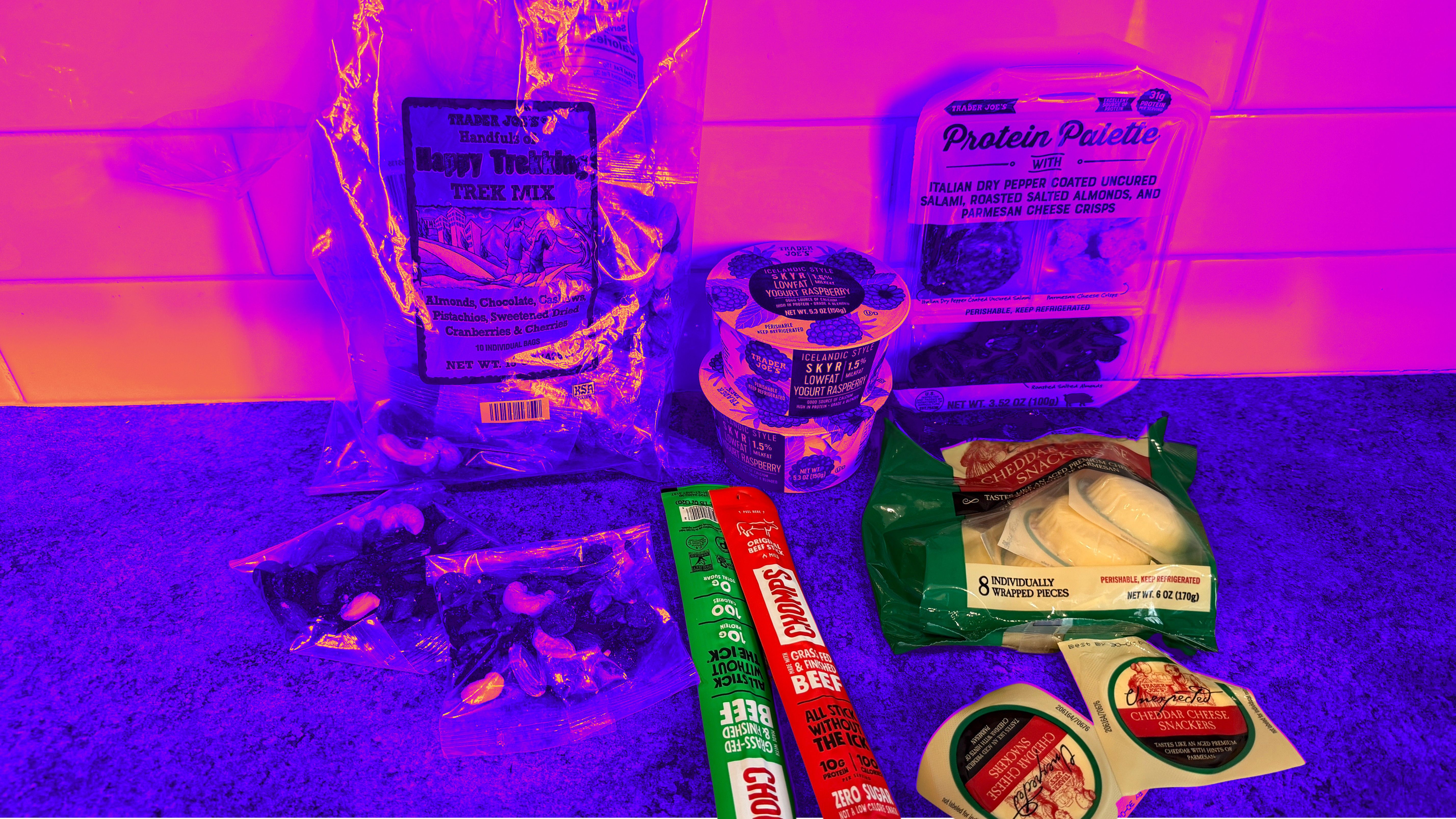 Selection of Trader Joe’s snacks on a counter top