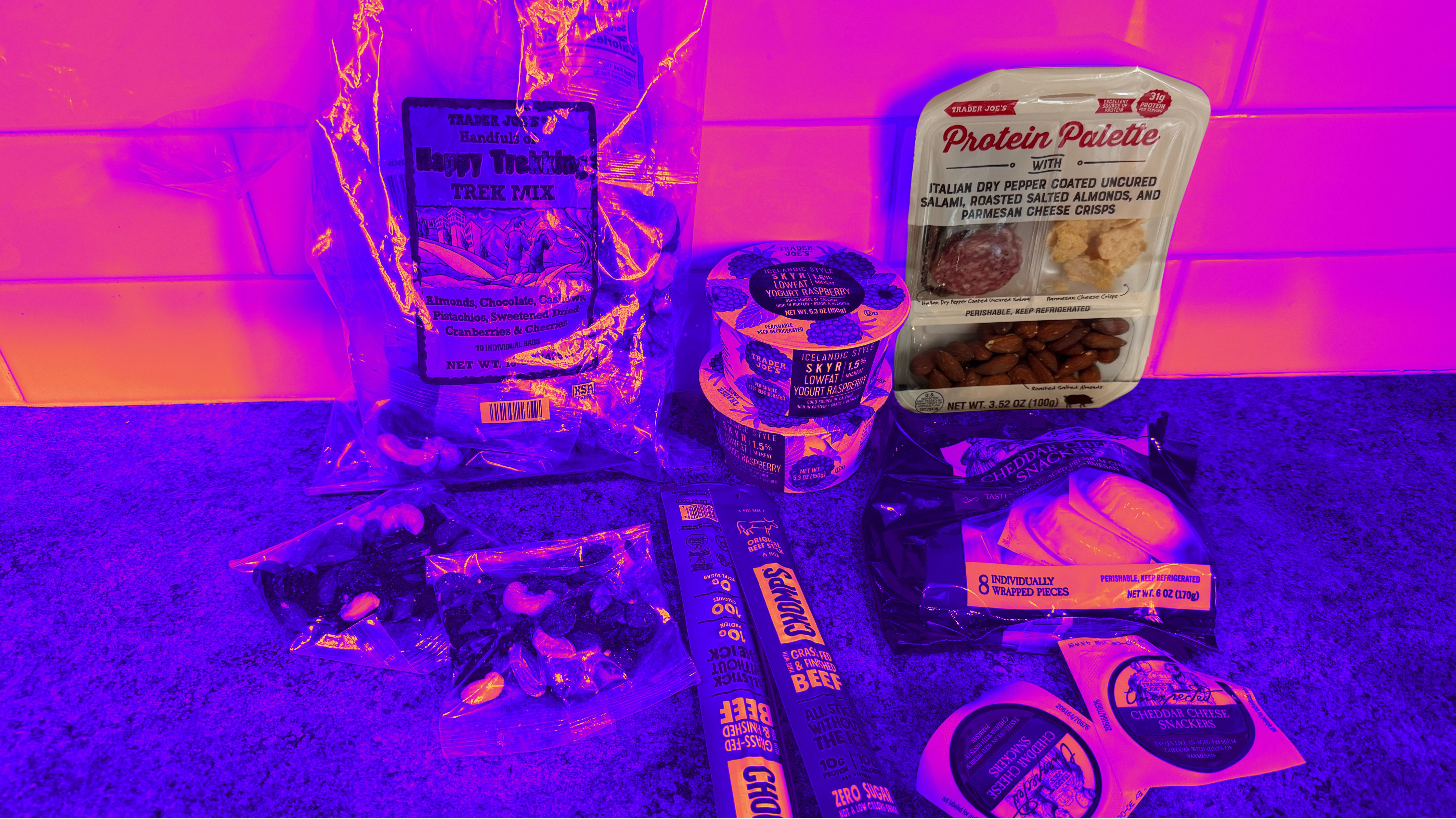 Selection of Trader Joe’s snacks on a counter top