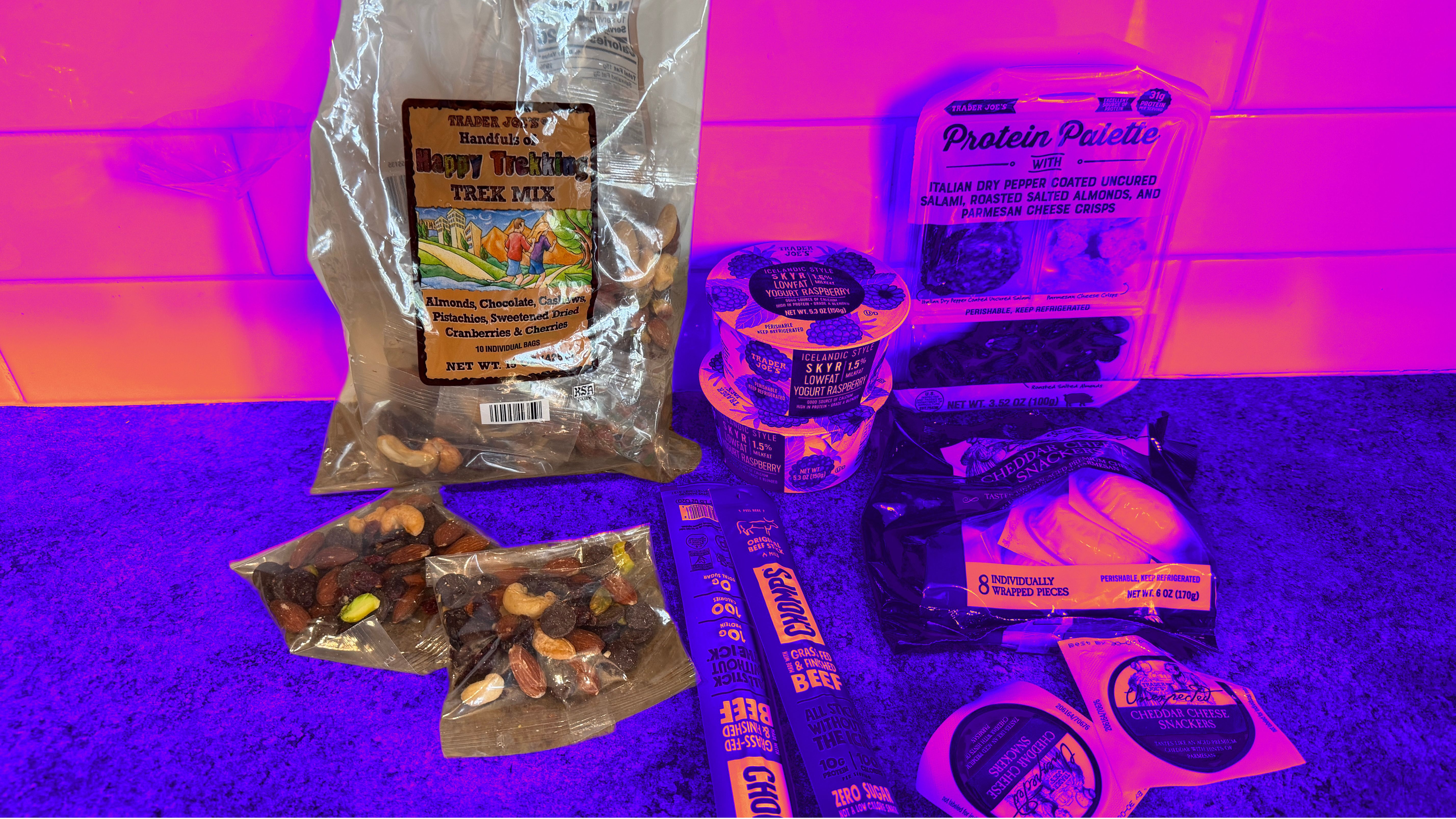 Selection of Trader Joe’s snacks on a counter top