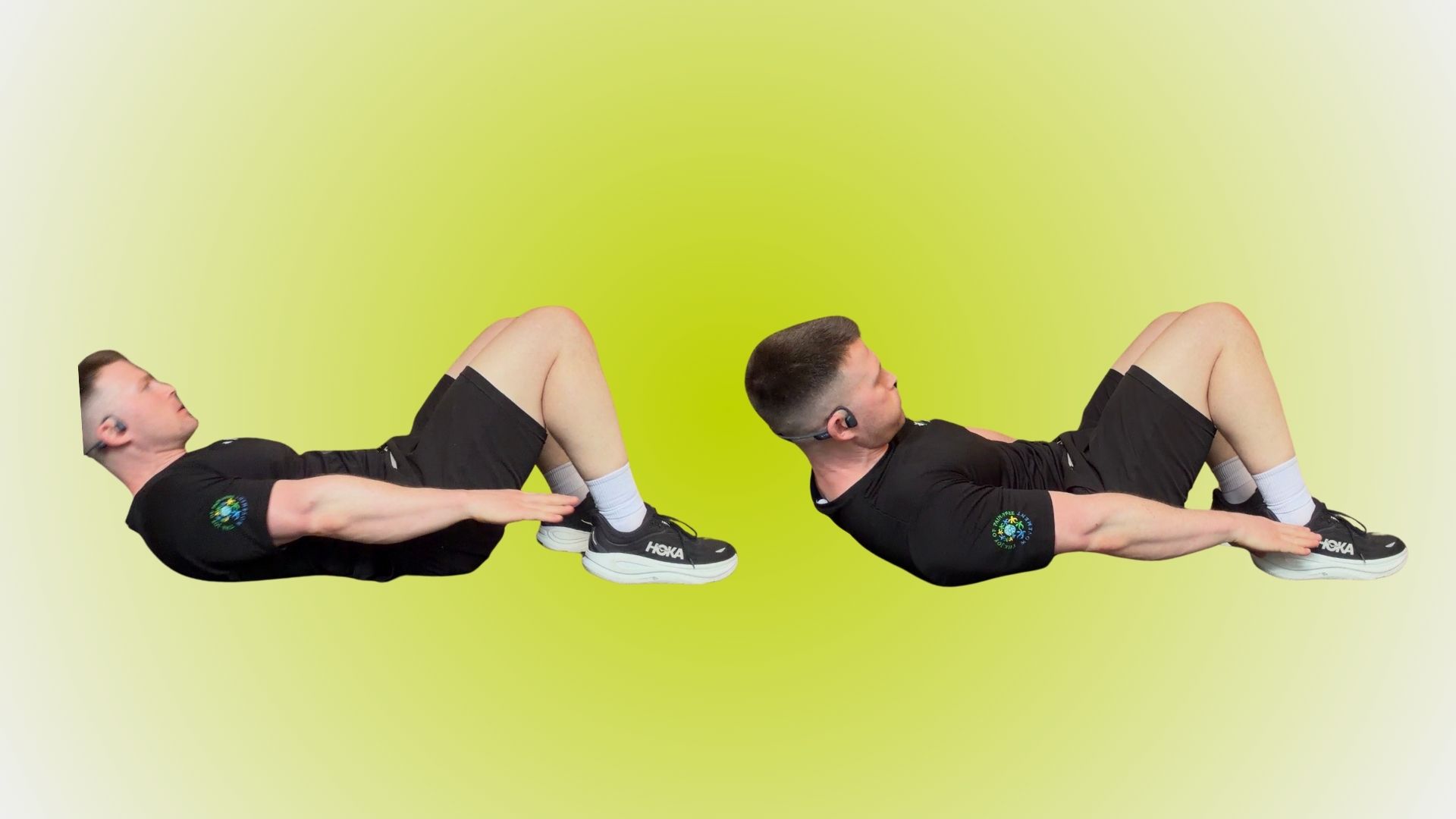 Man demonstrating two positions of an exercise against a green background