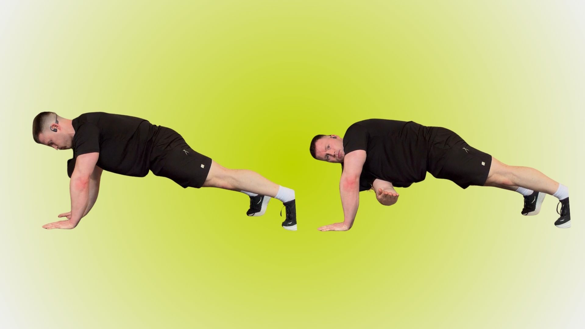 Man demonstrating two positions of an exercise against a green background